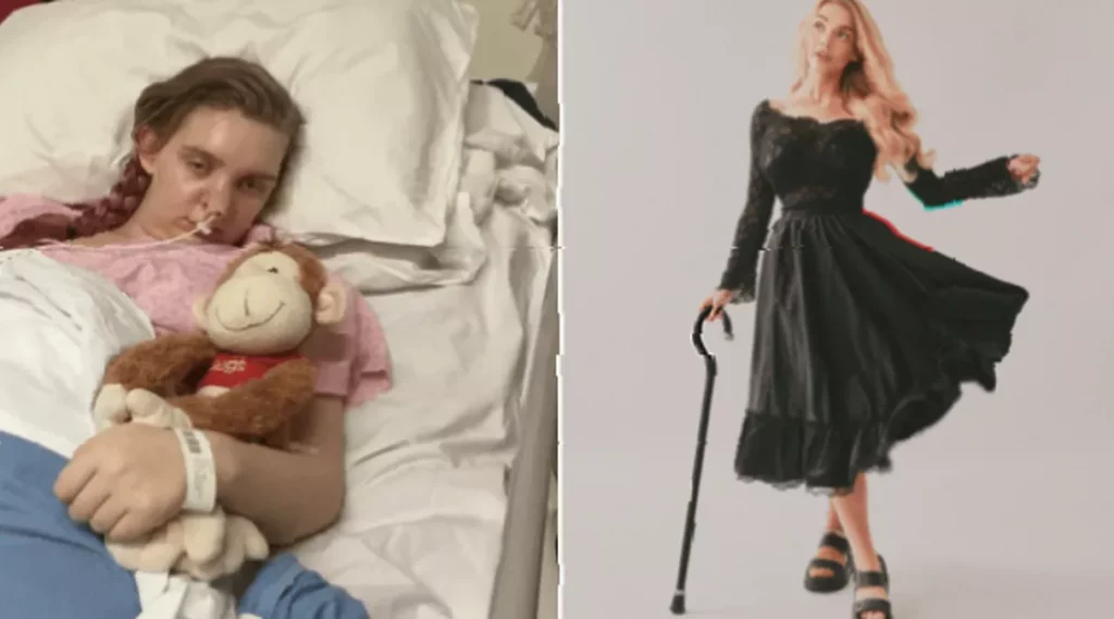 Brain infection misdiagnosed as depression led to sectioning and ECT A young woman using a walking stick on a city street.
