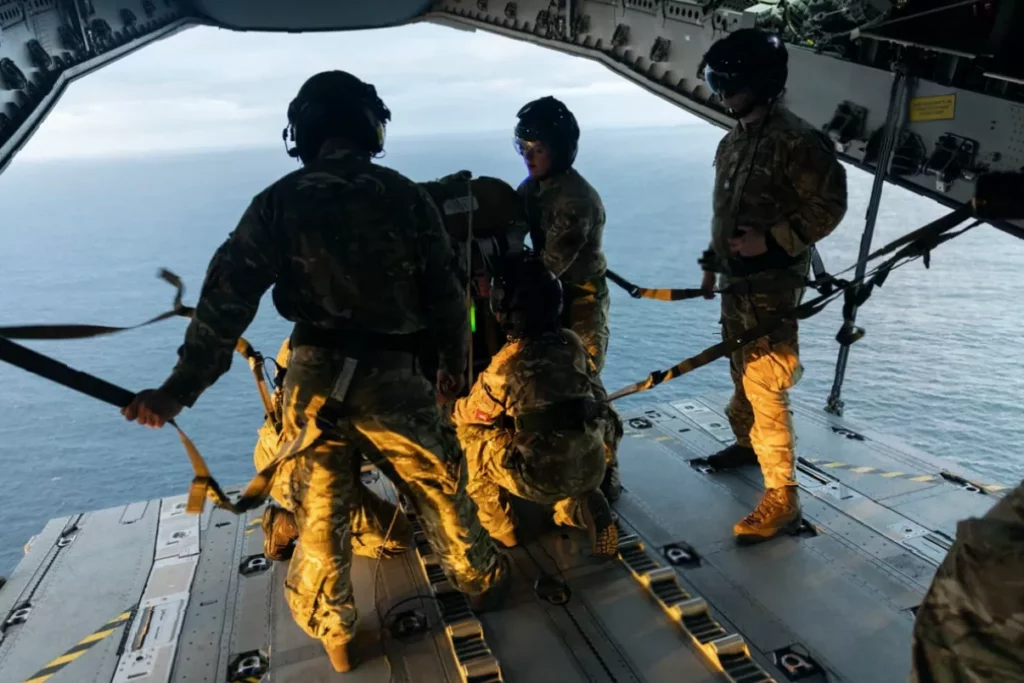 Paratroopers from 16 Air Assault Brigade jumping from an RAF A400M aircraft over Tristan da Cunha.