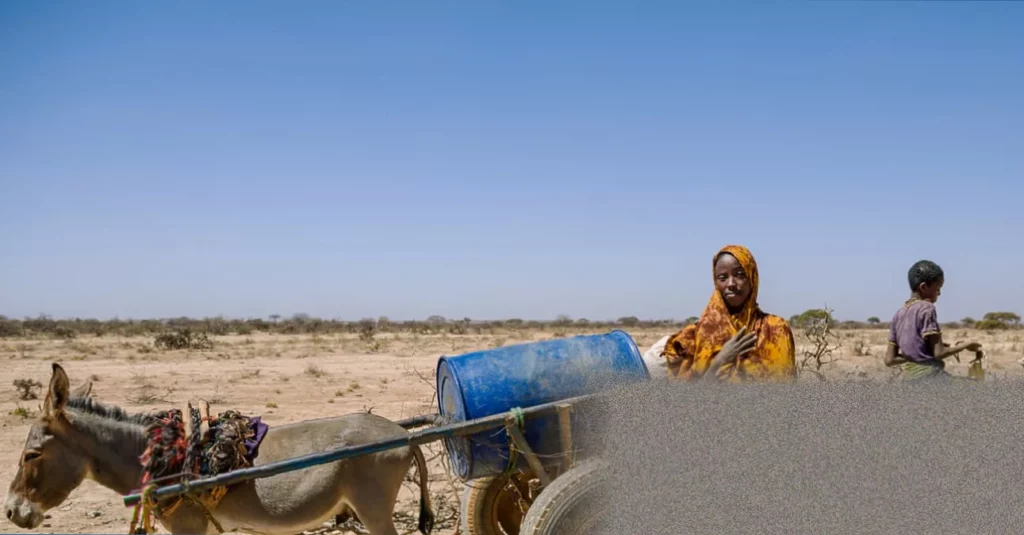 Drought-stricken farmland with a young child standing near a dry water pump