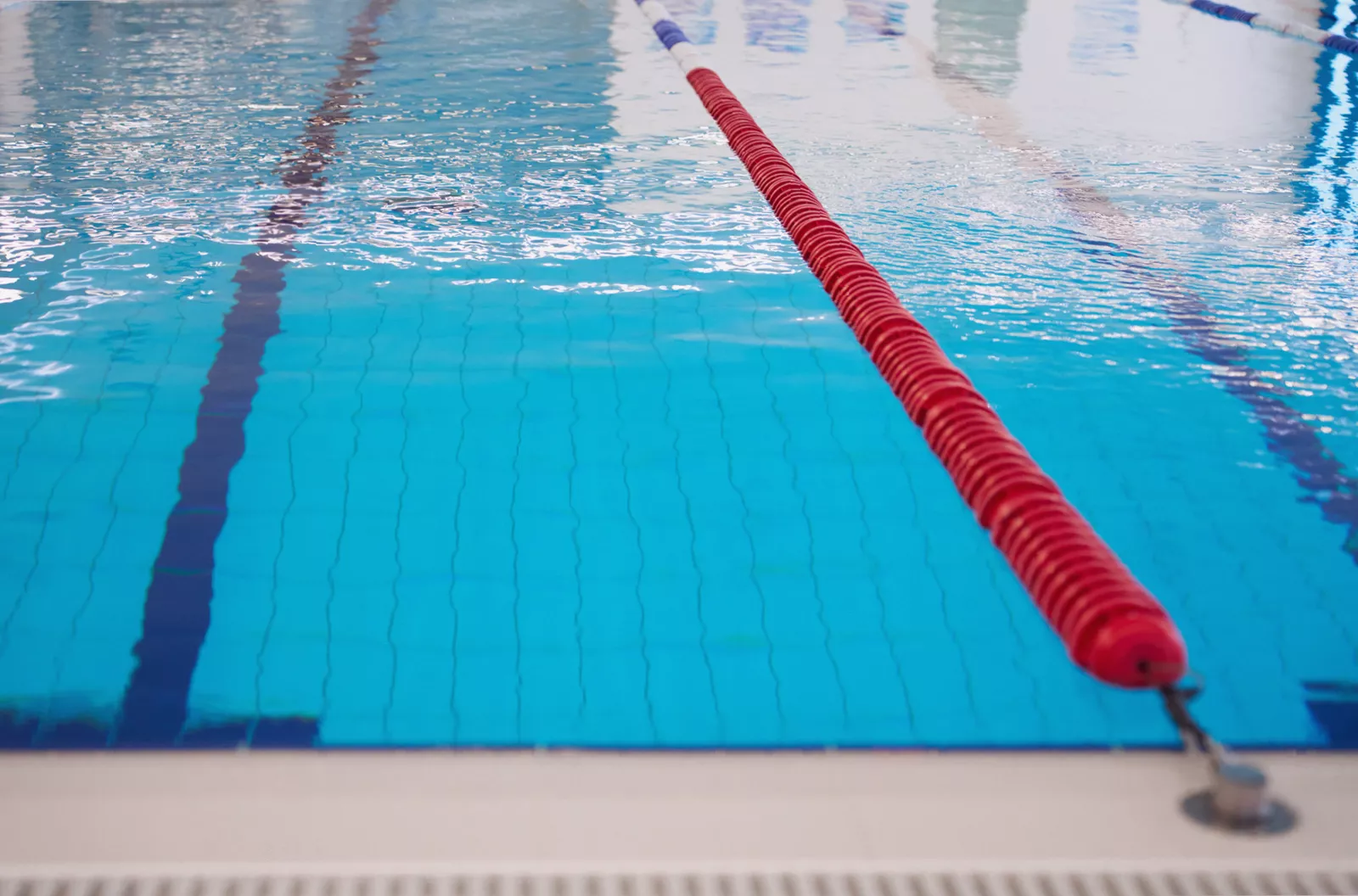 Crowded swimming lanes with swimmers moving in a counter-clockwise circle