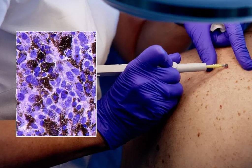 Doctor outlines key skin cancer sign as UK diagnoses hit 20,000 for first time Consultant examining a patient’s skin with a dermatoscope in a UK clinic.