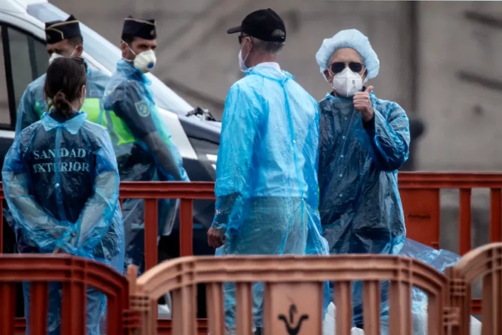 Cruise ship MV Hondius docked at a port in Tenerife after a hantavirus outbreak
