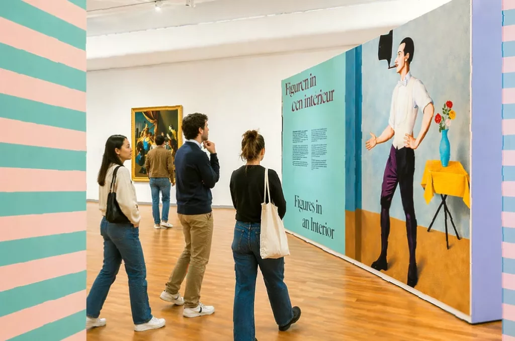 A visitor walking through a gallery, studying paintings hung on a wall