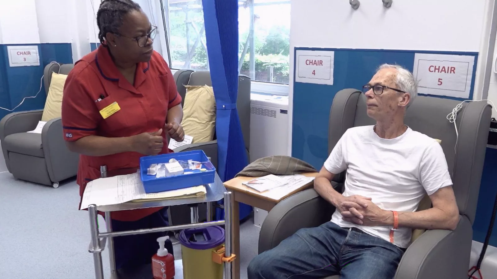 The interior of an NHS oncology unit with treatment chairs and medical equipment