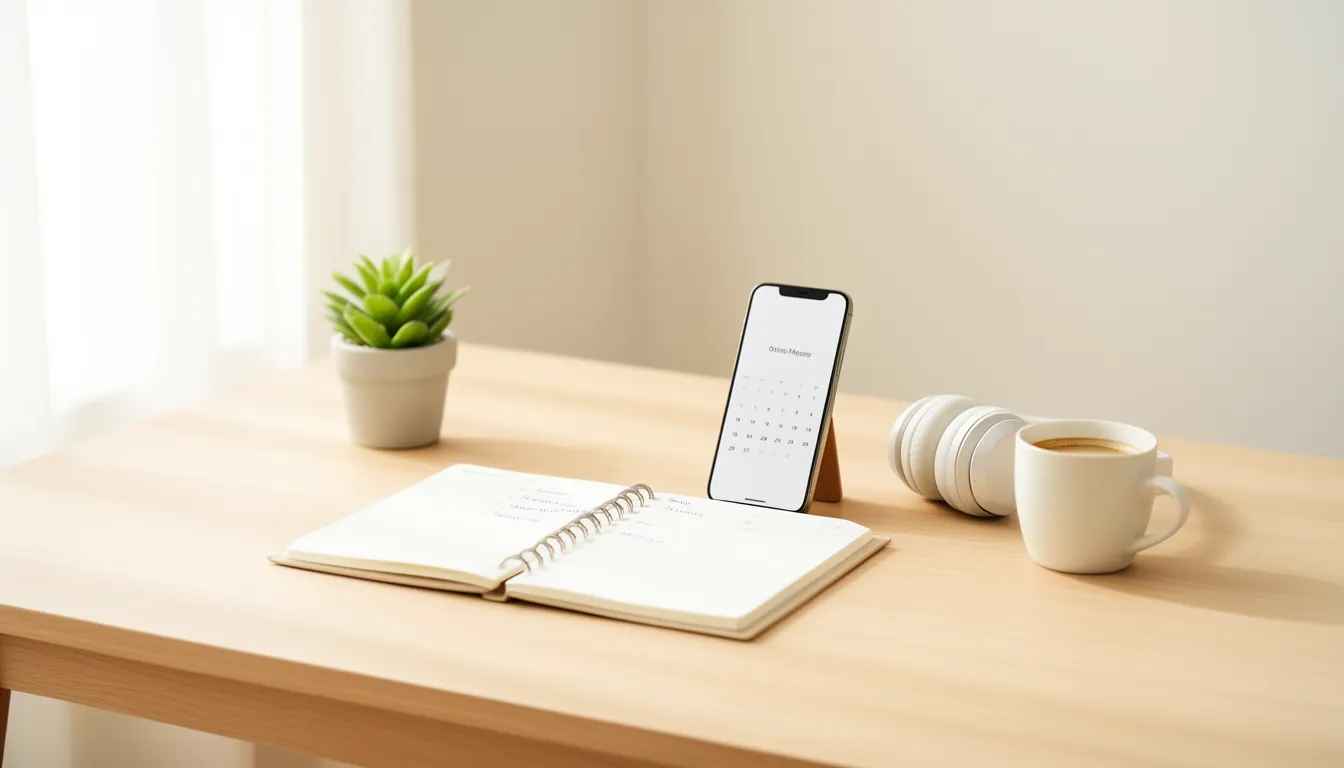 Tidy desk with an open planner, a phone showing a calendar reminder, headphones, a plant and a cup of coffee