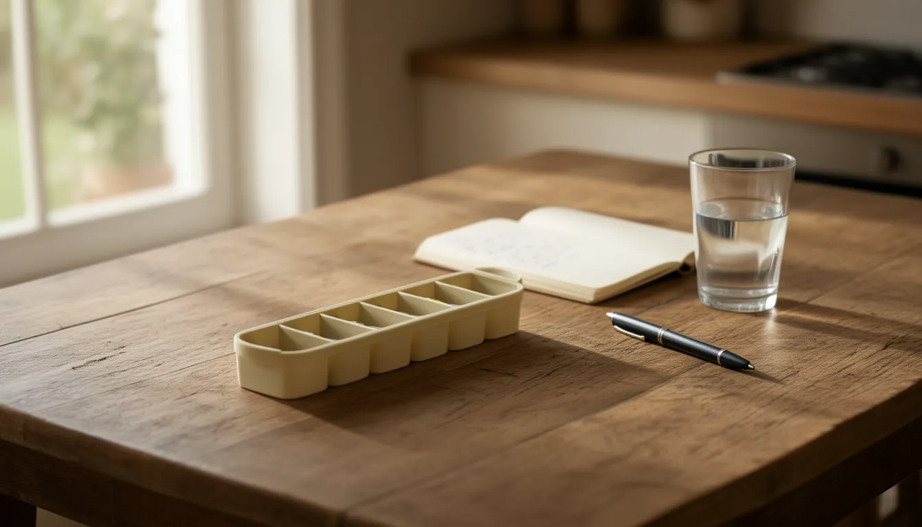 Weekly pill organiser, an open notebook, a pen and a glass of water on a wooden kitchen table in morning light