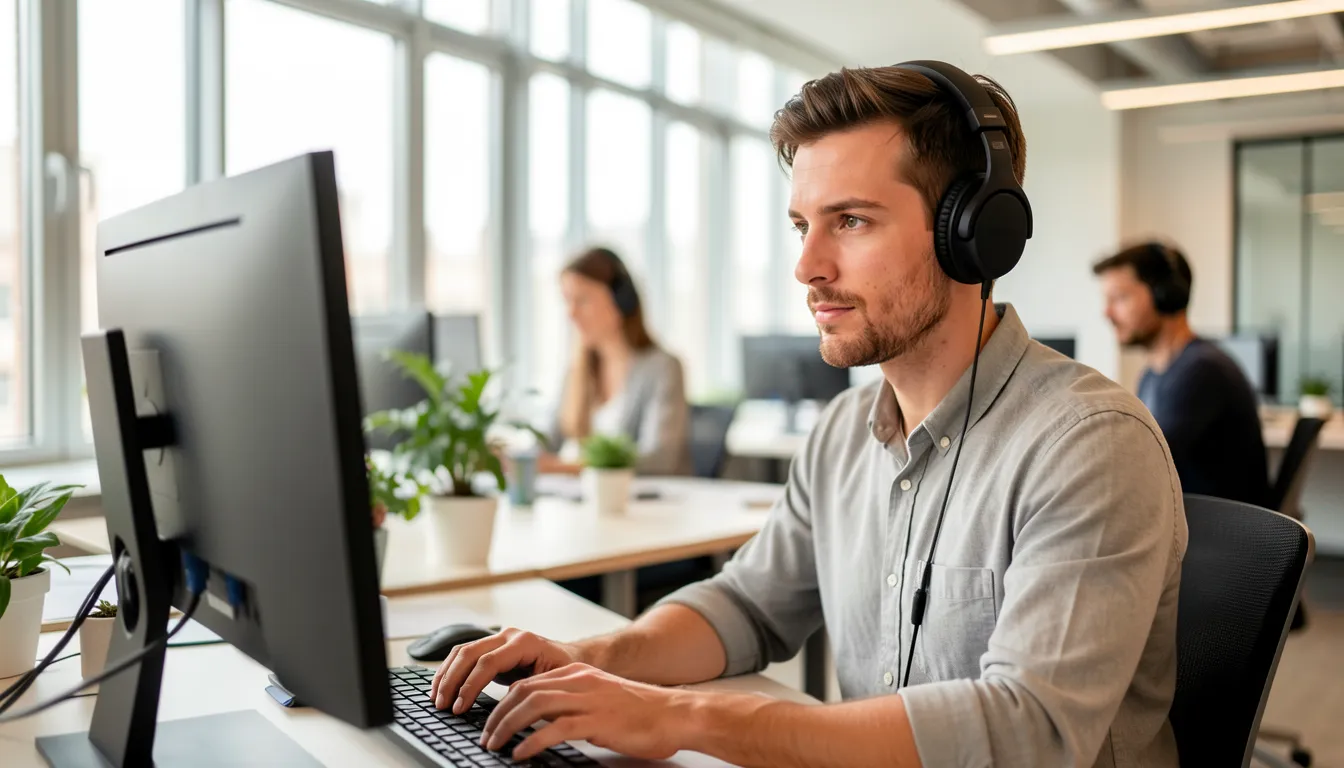 Focused professional wearing over-ear headphones working at a computer in a bright modern open-plan office