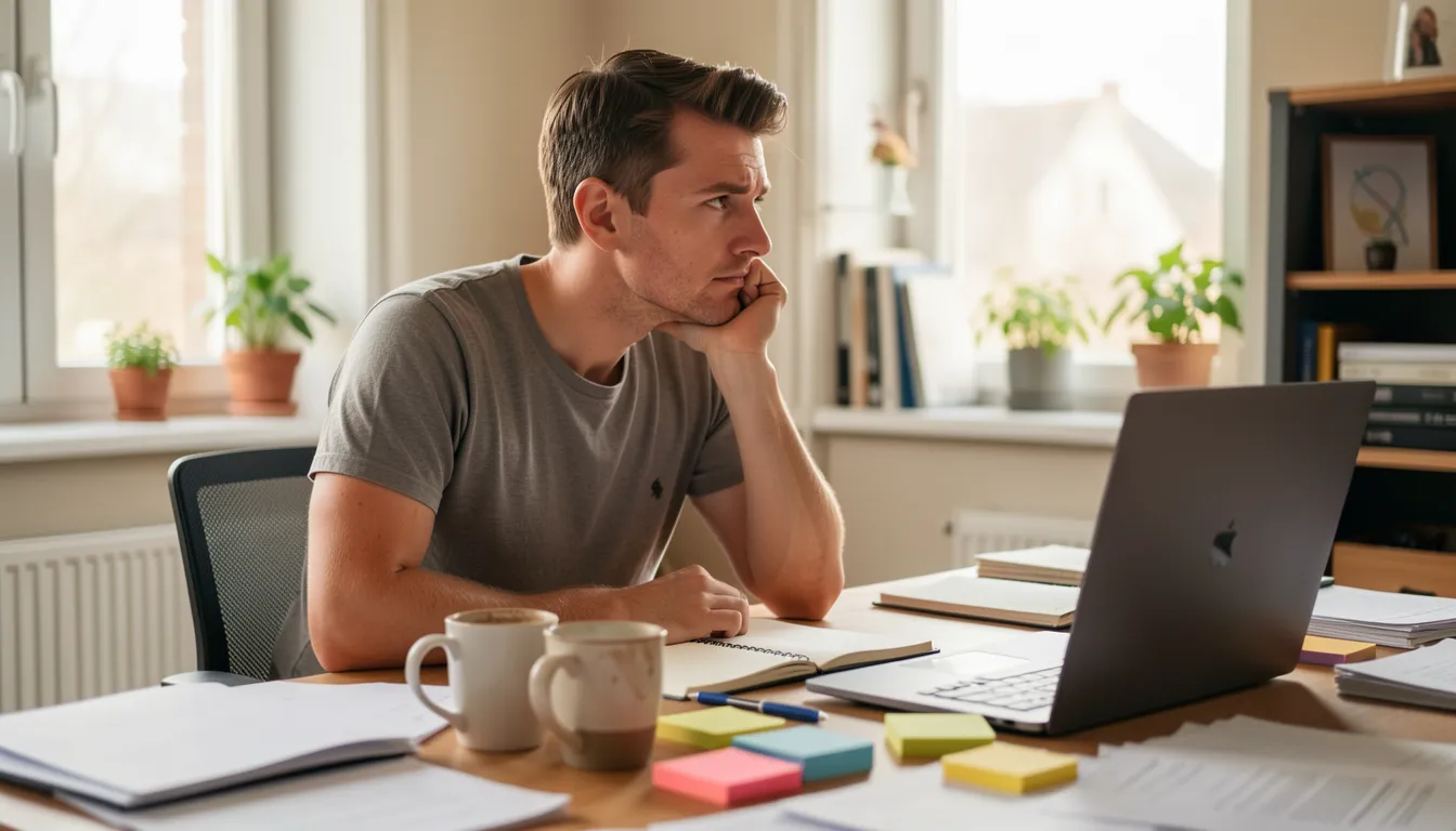 Man at a cluttered home-office desk resting his chin on his hand, looking away from his laptop, distracted