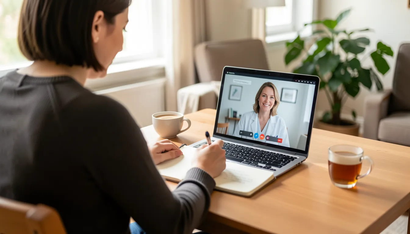 Person at home taking notes during a video consultation with a clinician shown on a laptop screen