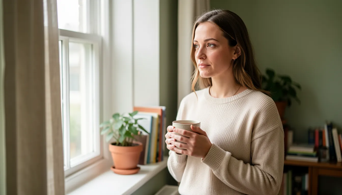 Woman in her thirties holding a mug of tea, looking thoughtfully out of a window in a calm, light-filled room