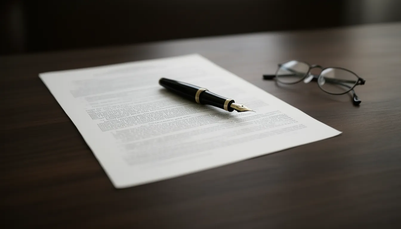 A formal printed document resembling a parliamentary bill on a desk, with a fountain pen and reading glasses