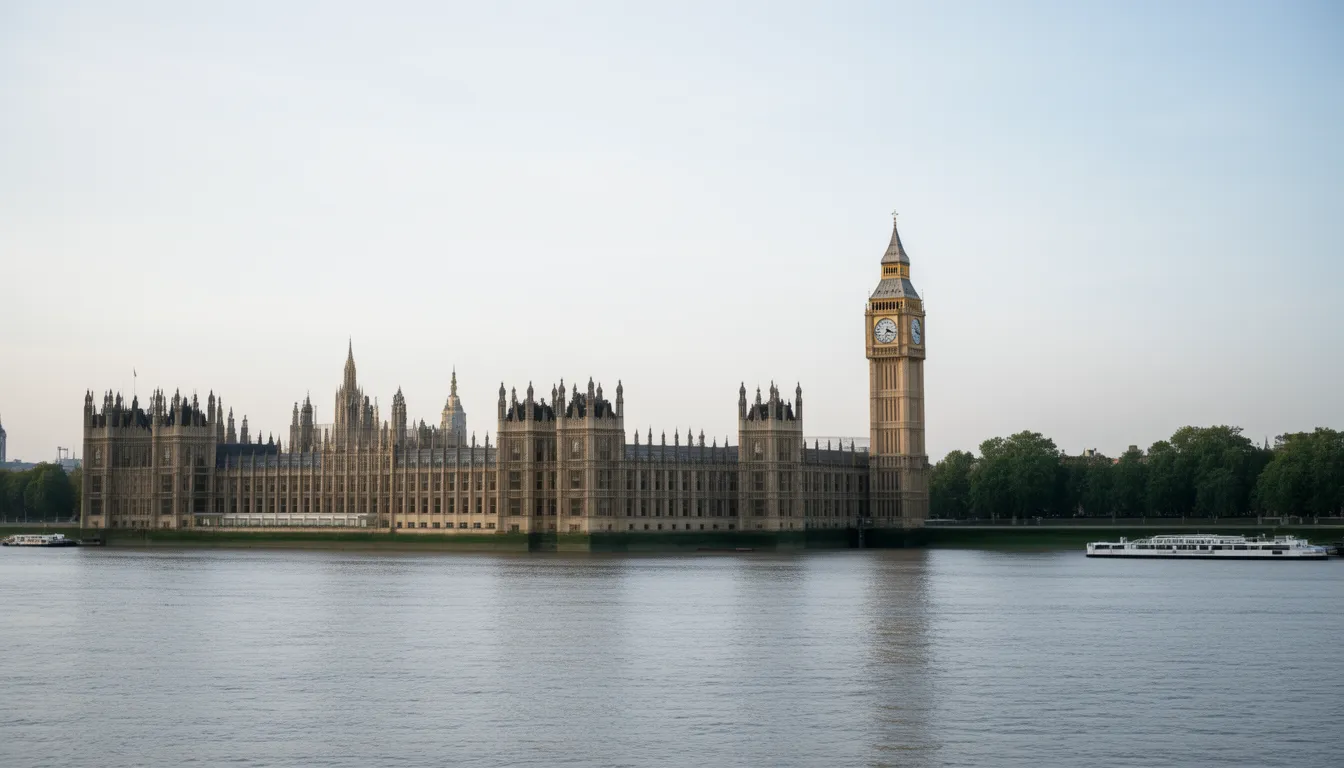 The Houses of Parliament and Elizabeth Tower in London viewed across the River Thames in daylight