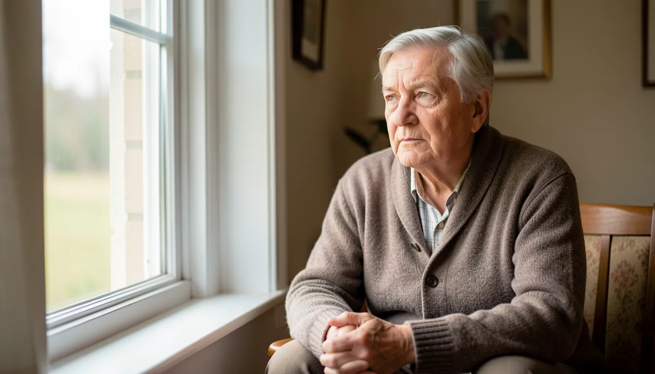 An older person sitting by a window looking out thoughtfully with a calm, reflective expression