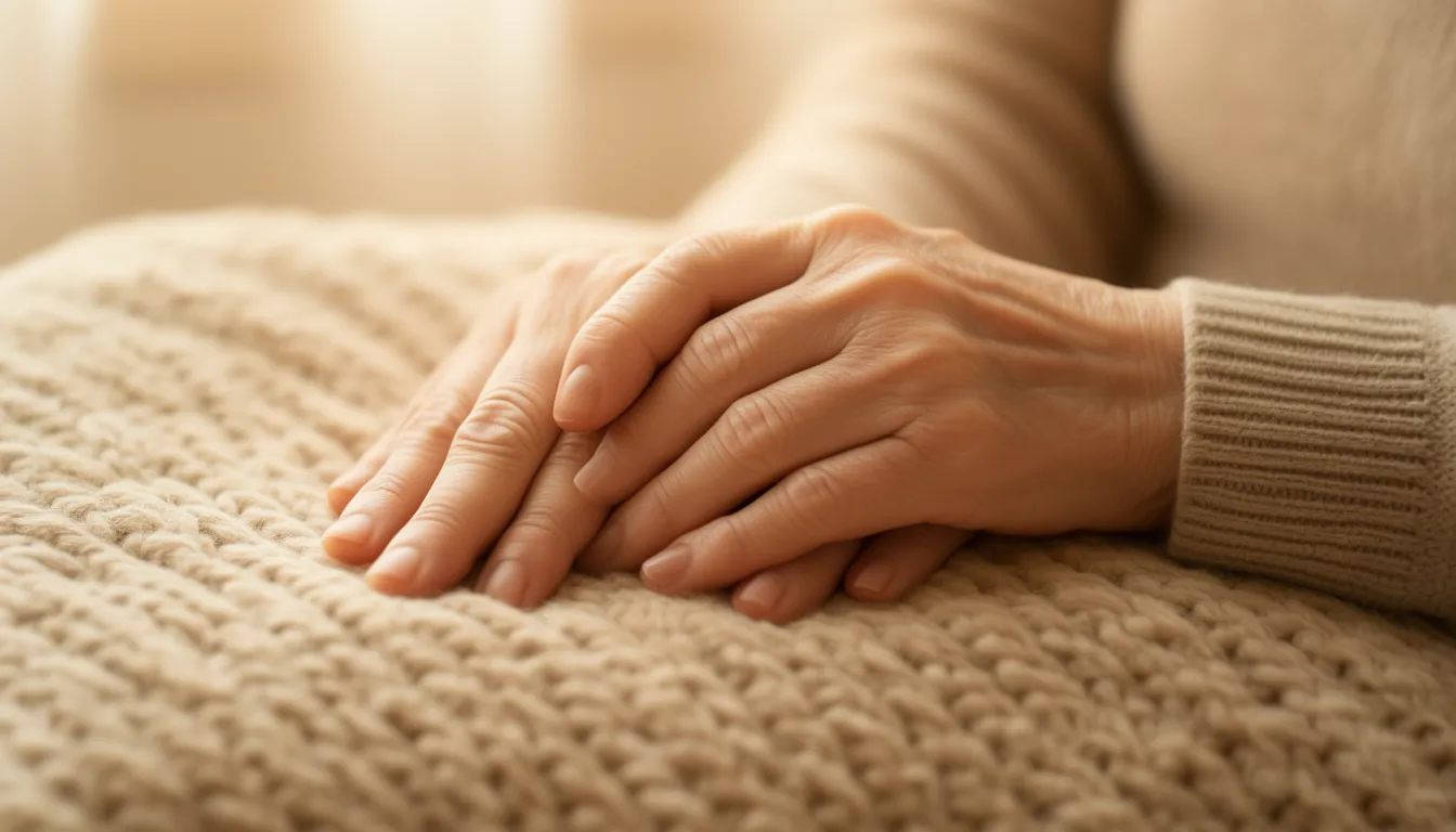 A younger person's hands gently holding the hand of an elderly person resting on a soft blanket