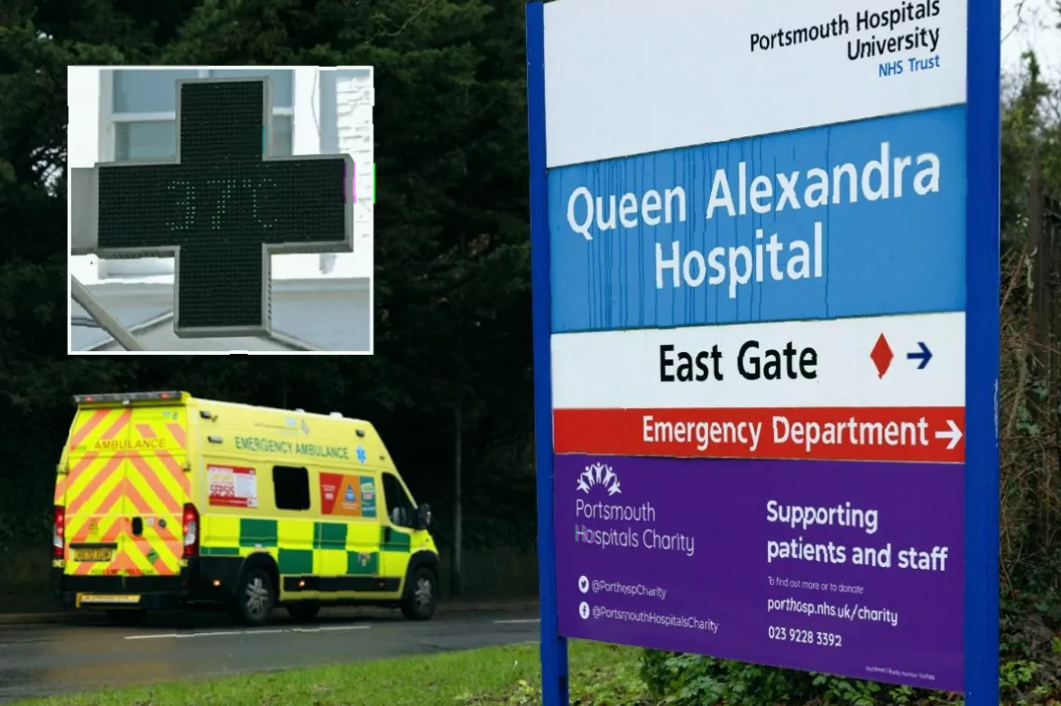 Exterior view of Queen Alexandra Hospital in Portsmouth on a hot, sunny day