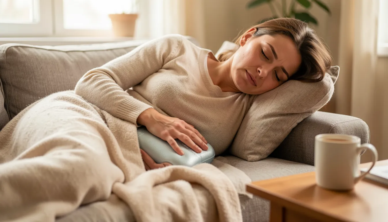 A woman resting on a sofa at home with a hot water bottle against her abdomen, under a blanket