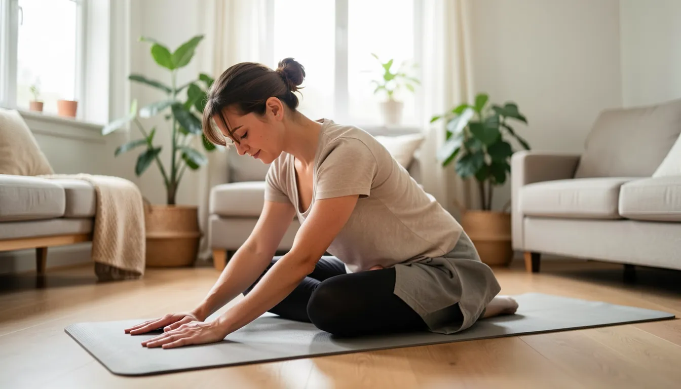 A woman doing gentle seated stretching on a yoga mat in a bright, calm living room