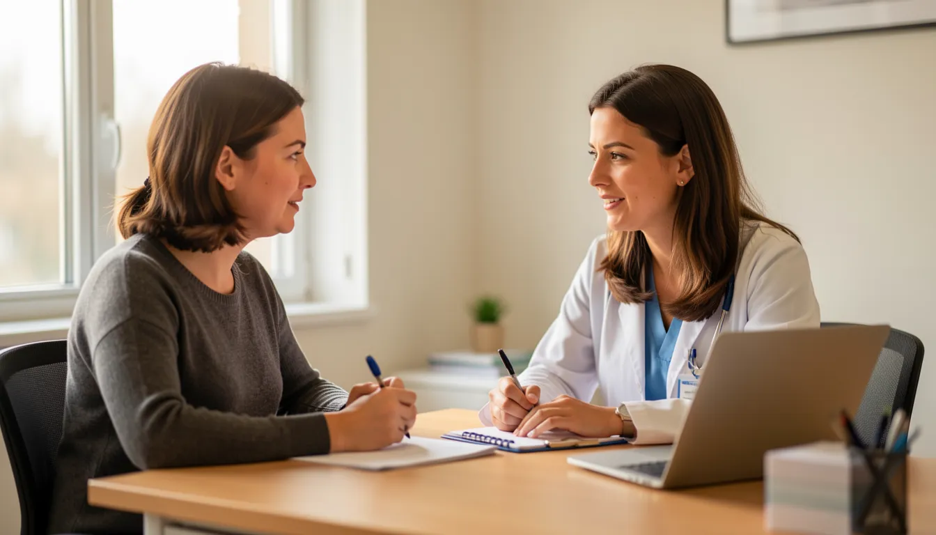 A woman talking with a GP who is listening attentively and taking notes in a consulting room