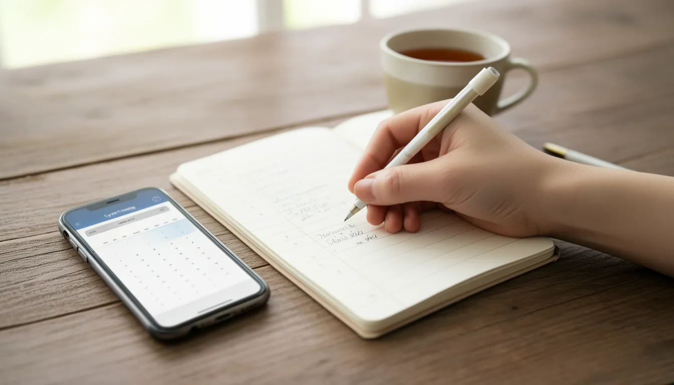 A hand writing in a journal beside a smartphone showing a cycle-tracking calendar on a wooden table
