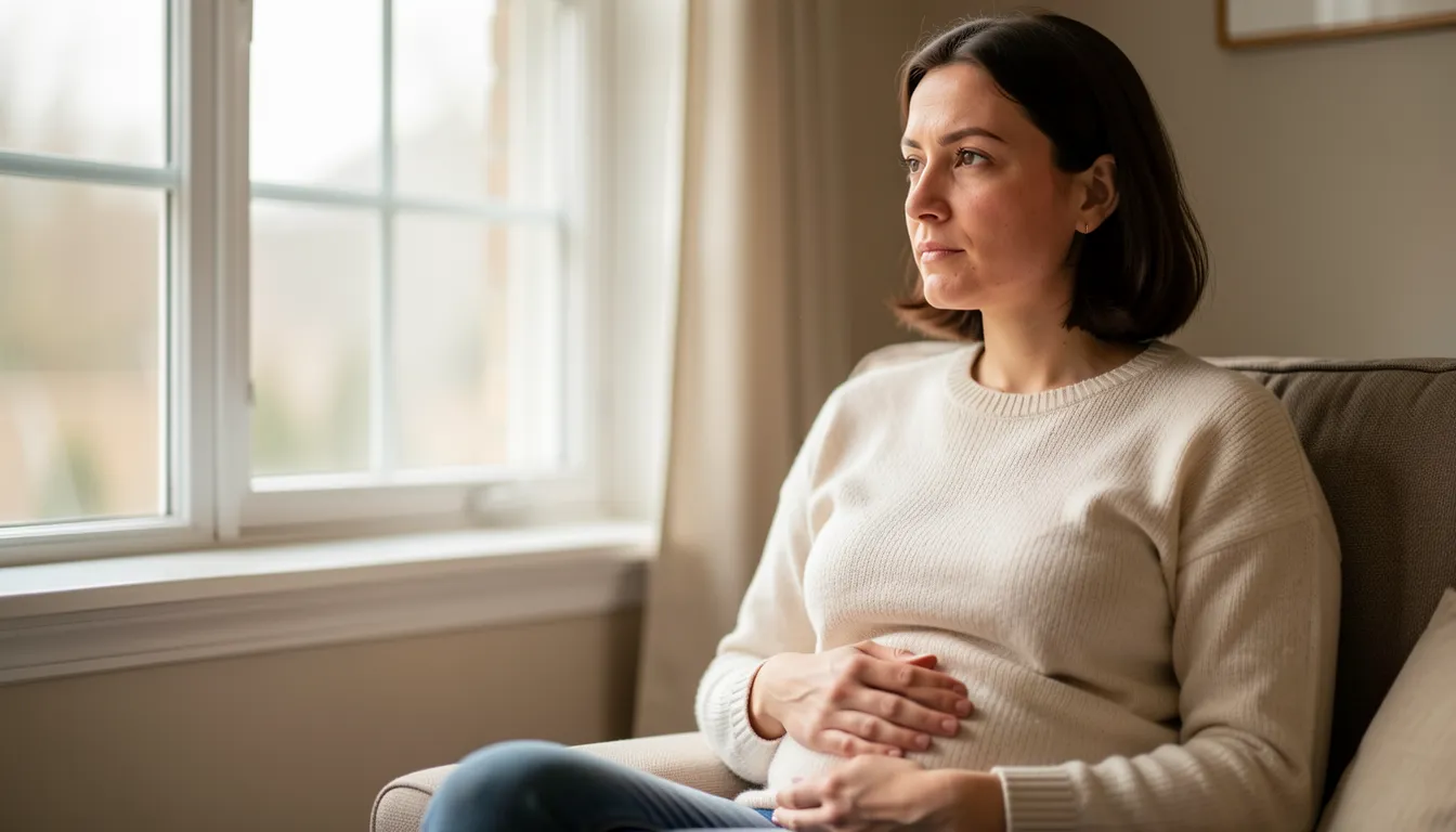 A woman in her thirties sitting by a window in soft light, one hand resting on her abdomen, looking reflective
