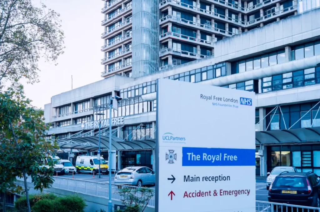 Exterior of a north London hospital building on a cloudy day