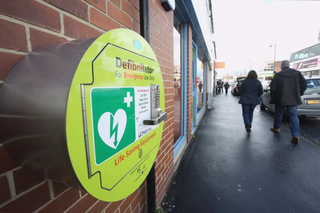 Exterior of a Nationwide branch with a defibrillator sign visible in the window