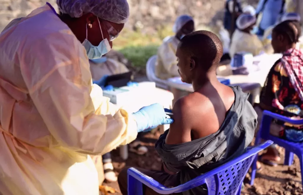 UK medical team arriving at an airport in central Africa for Ebola response