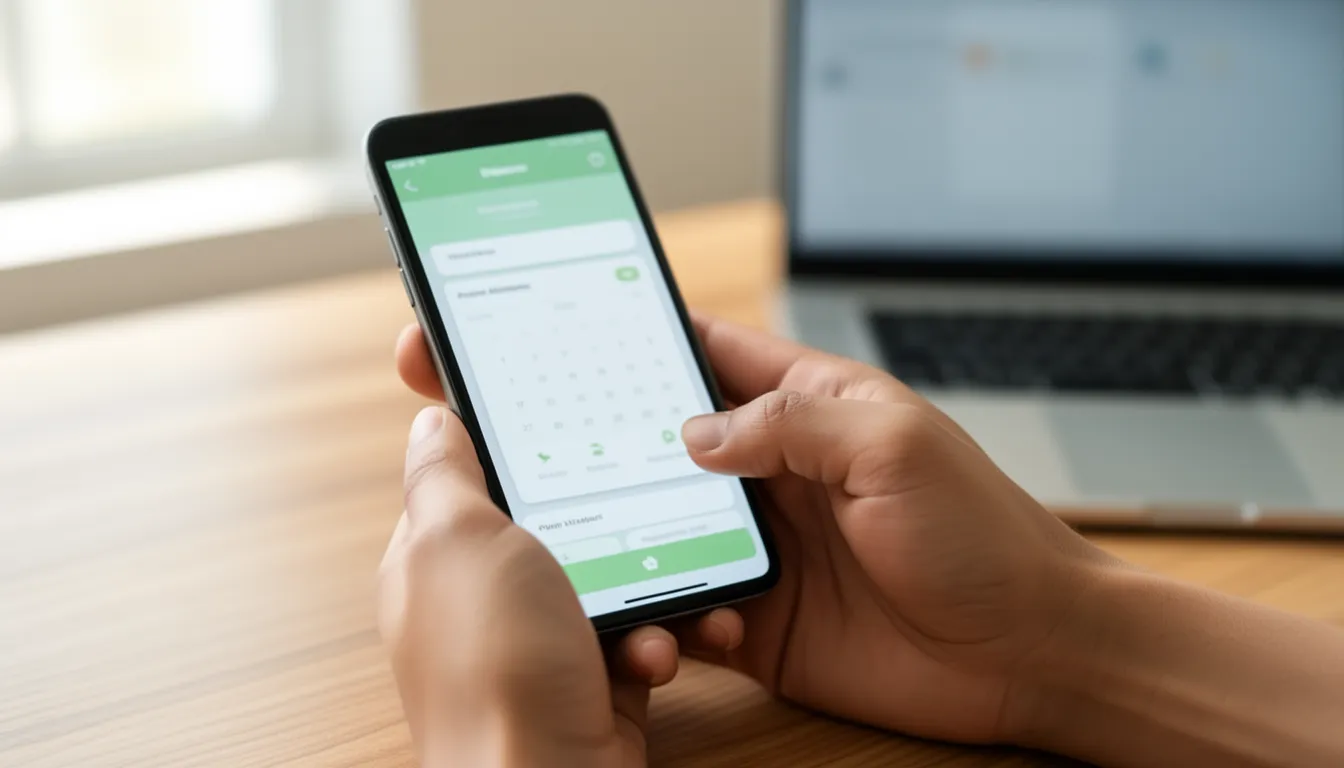 Close-up of hands holding a smartphone showing a health appointment app, a laptop in the background