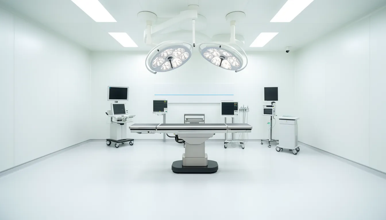 A bright, modern, empty operating theatre with surgical lights, an operating table and monitors