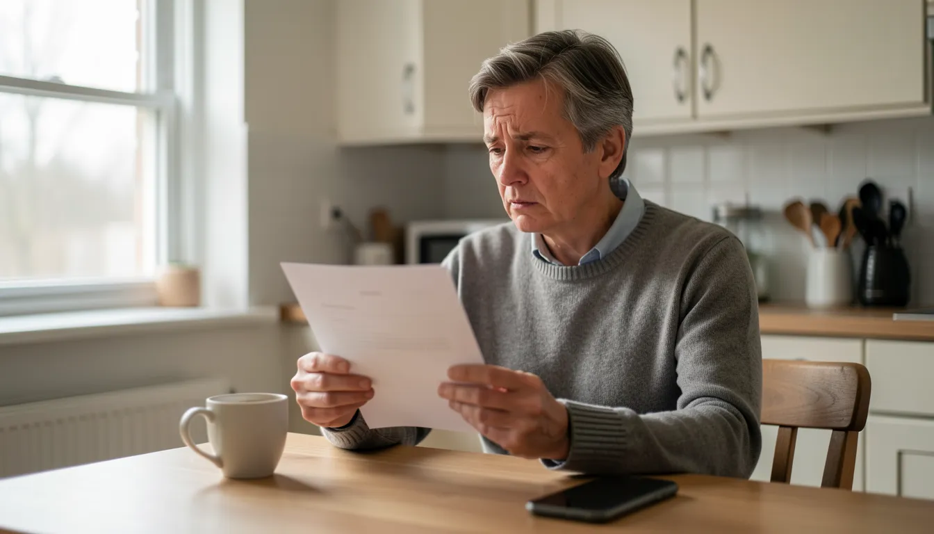 A person sitting at a kitchen table reading a letter with a thoughtful, concerned expression