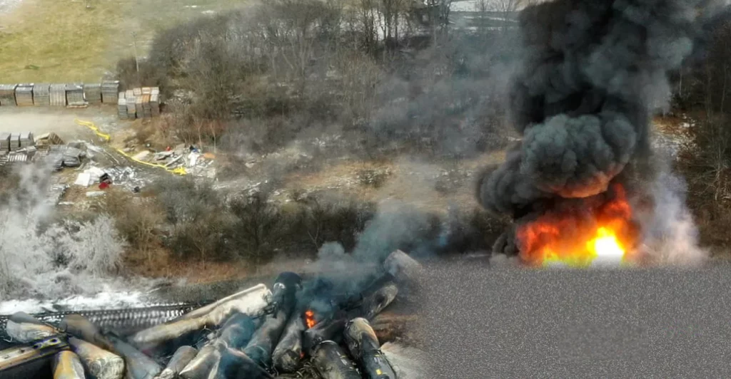 Ohio toxic train spill exposure could damage health, study indicates View of the East Palestine train derailment site with damaged freight cars and warning signage