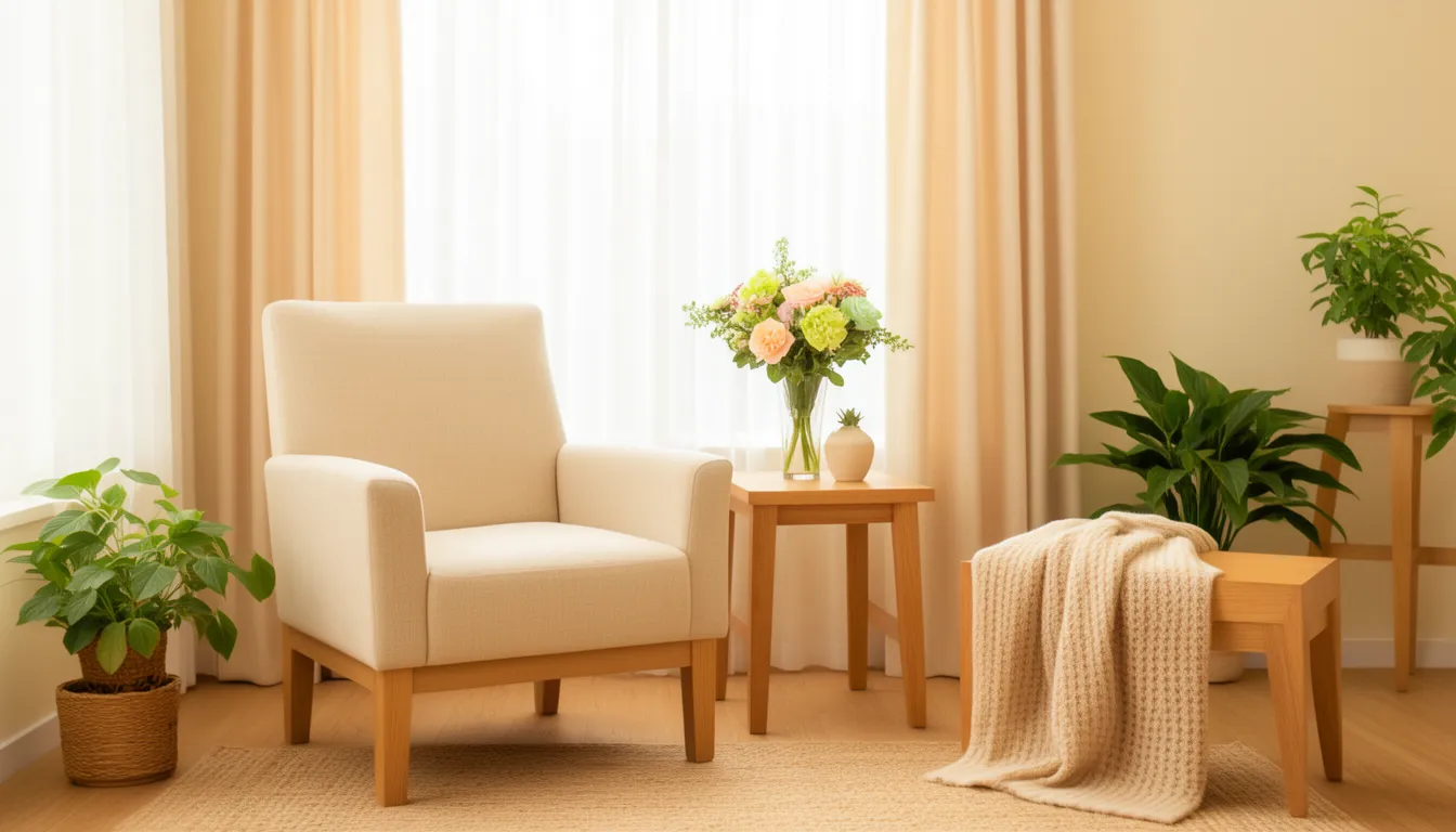 A peaceful, sunlit hospice room with a comfortable armchair by a window, flowers and plants