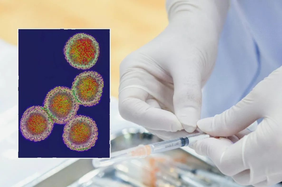Illustration of influenza and coronavirus particles spreading through a crowded indoor space