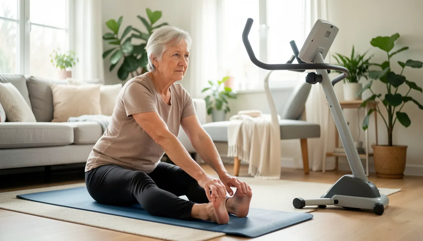 A person in their fifties doing gentle stretching exercises on a mat in a bright living room