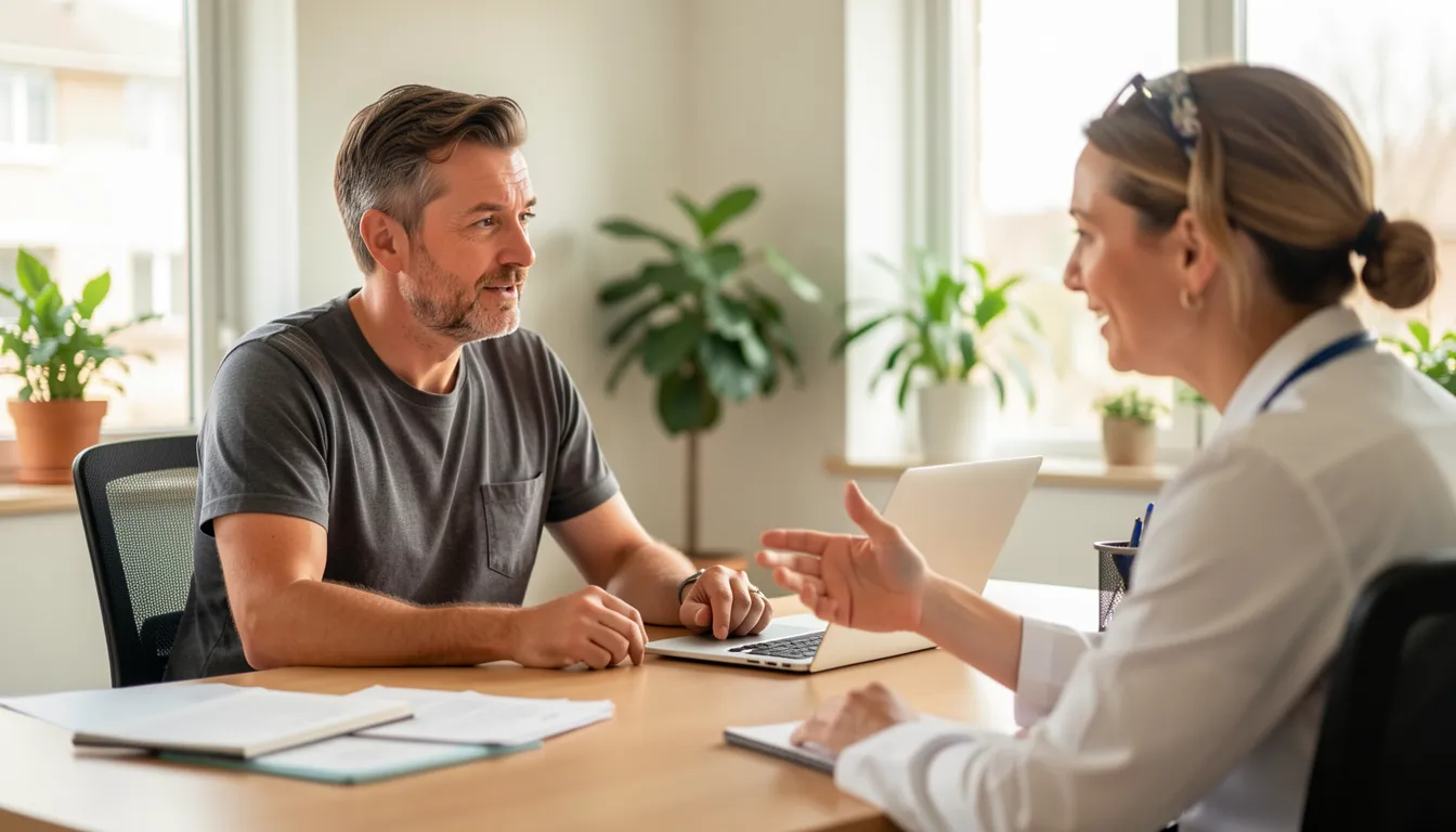 A patient discussing weight management with a clinician across a desk in a consulting room