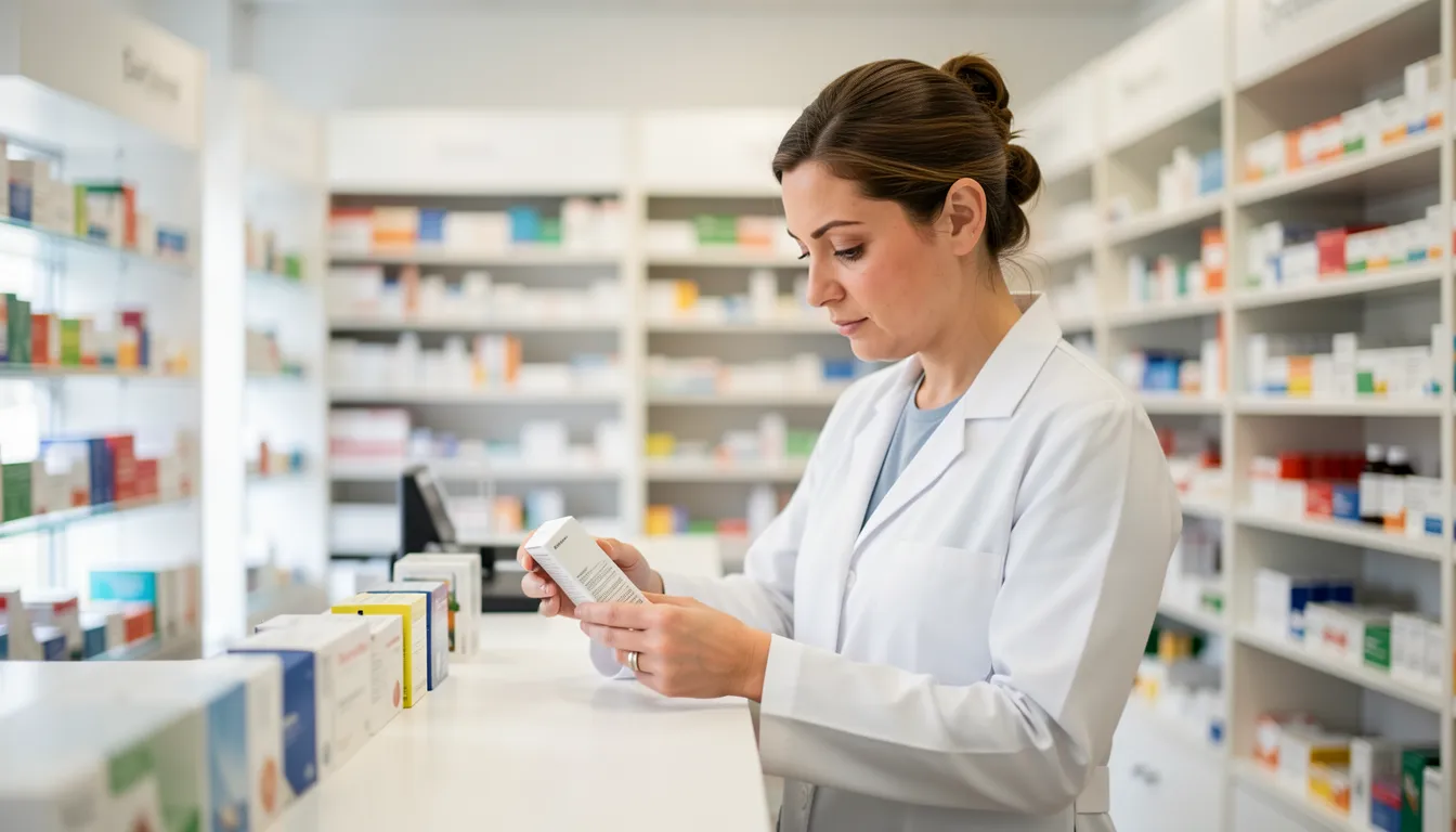 A pharmacist in a white coat checking a medication box in a modern pharmacy