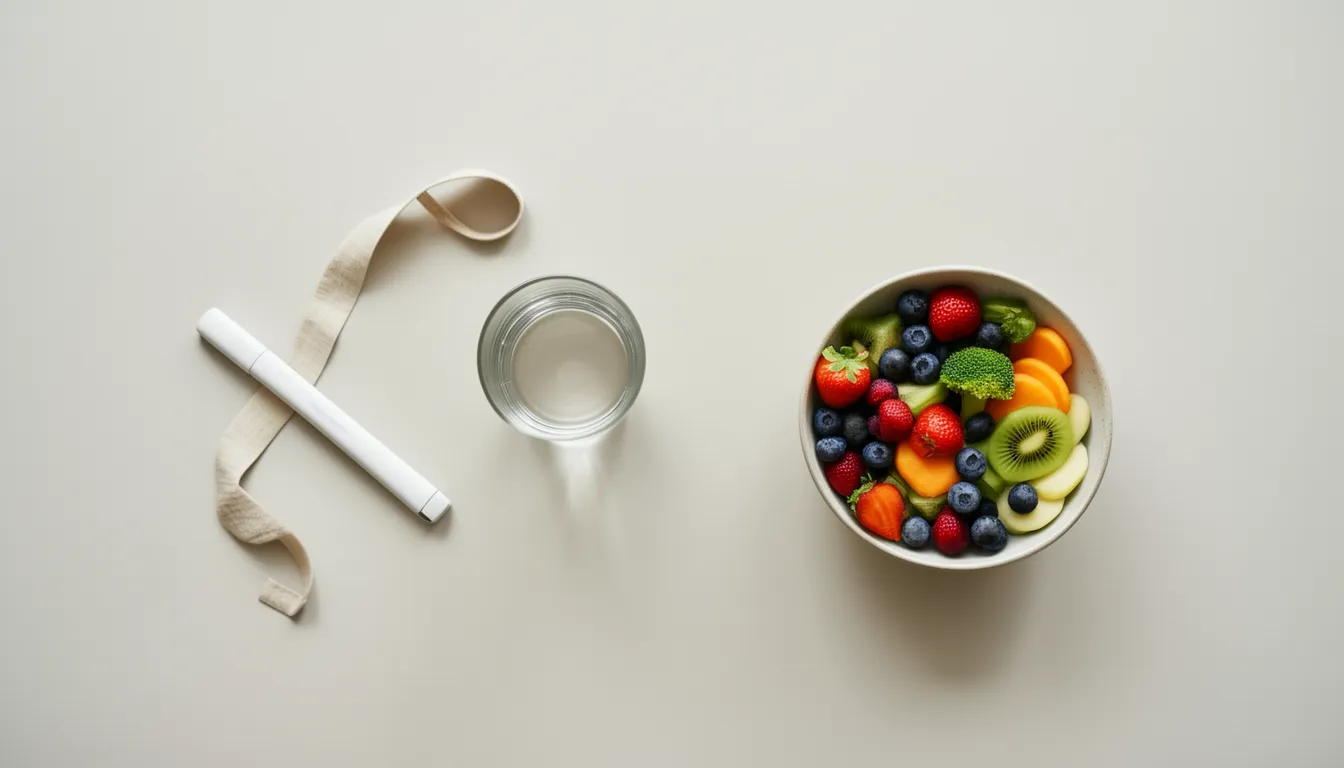 A weekly injection pen, a tape measure, a glass of water and a bowl of fresh fruit and vegetables on a neutral surface