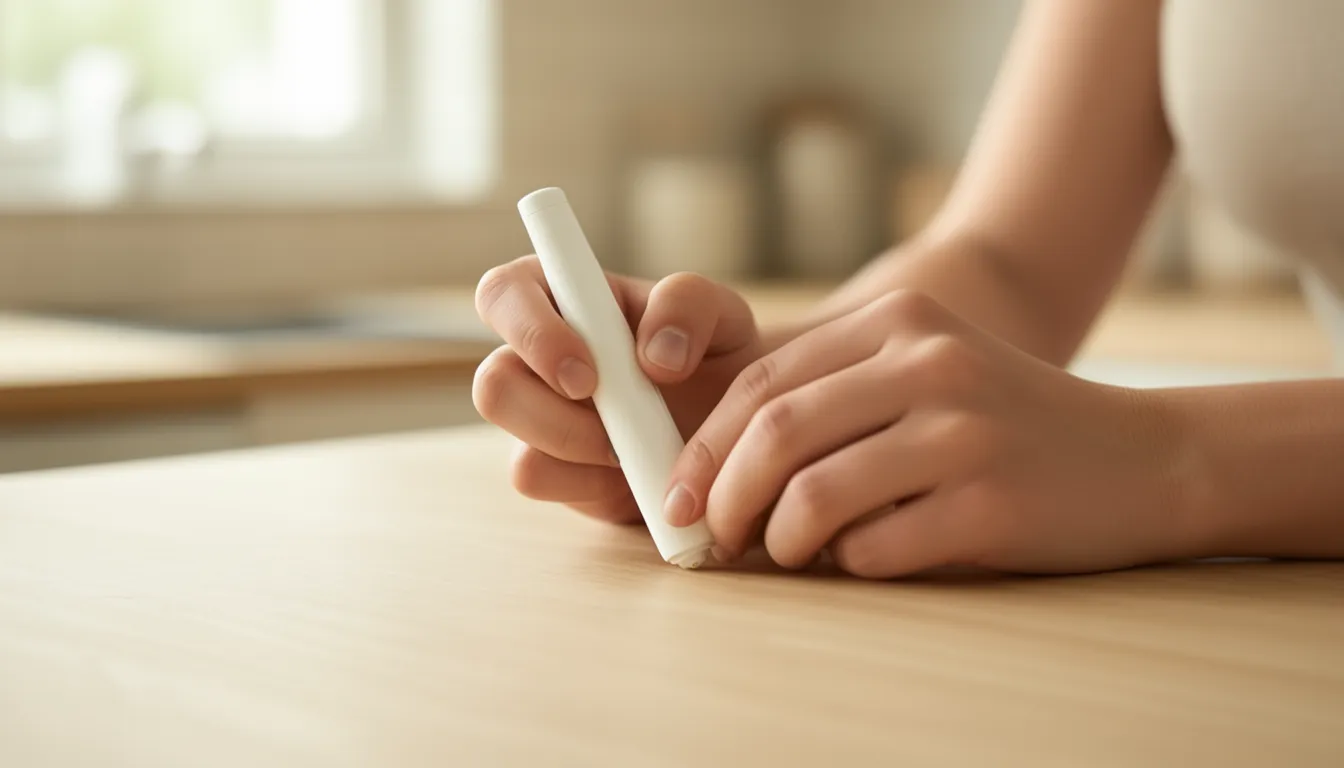 Close-up of a person's hands preparing an unbranded weekly injection pen at a kitchen counter