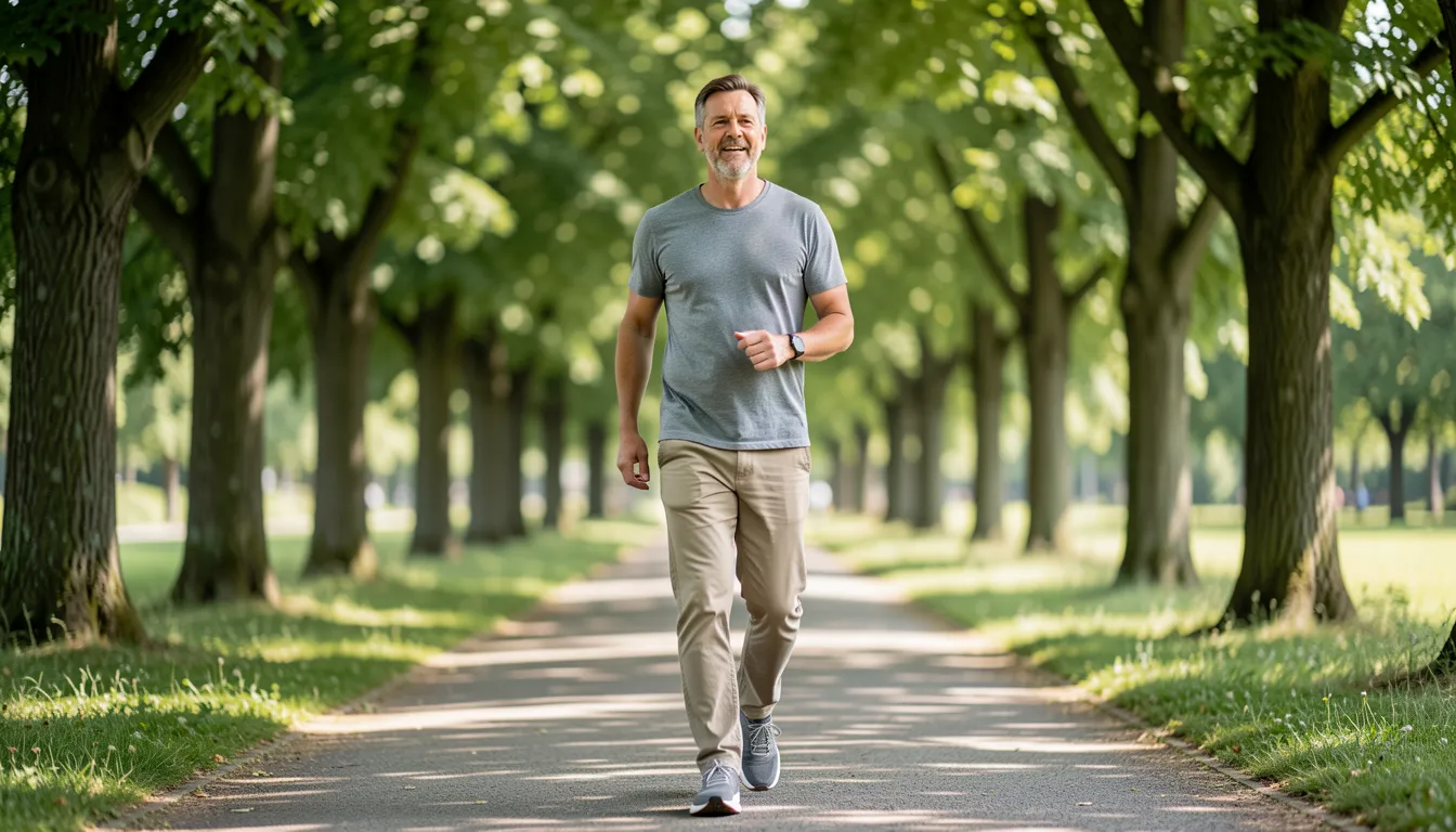 A person in their forties walking briskly along a tree-lined park path on a sunny day